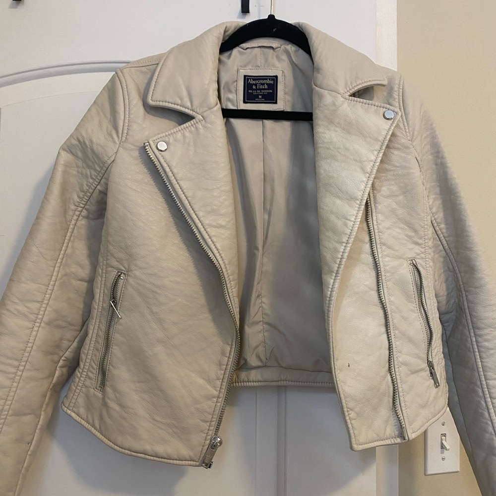 Abercrombie & Fitch Vegan Leather Moto Jacket - Beige - Size M